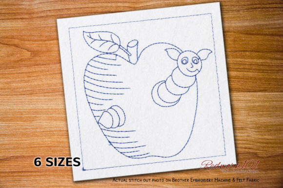 Charming Worm Looking out of Apple Hole Redwork